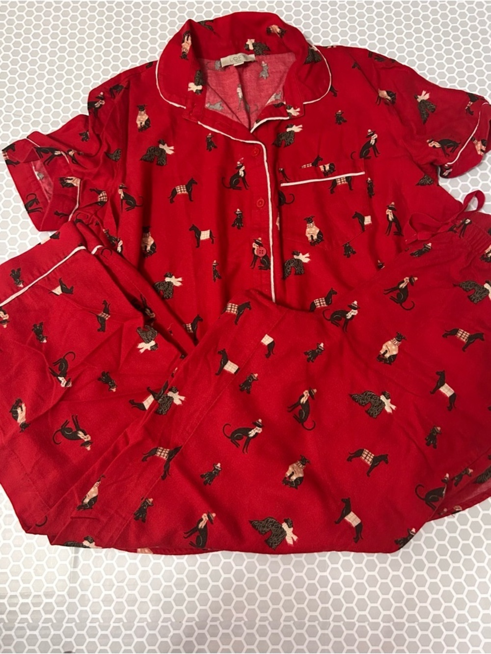 LOFT Red Cat Print Pajama Top with Contrast Cat Motif